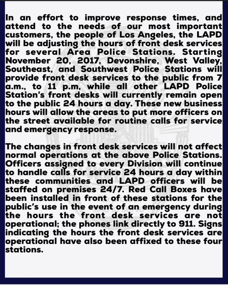 Devonshire Station desk hours changes