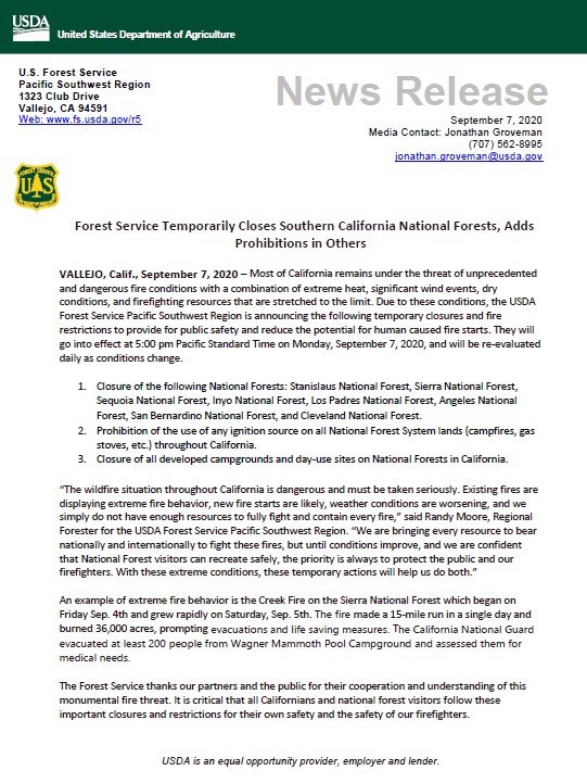Forest Service closes Calif Nat'l Parks bulletin 