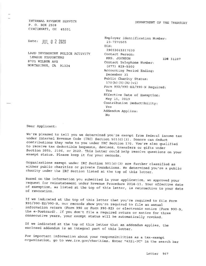 thumbnail of Devonshire PALS IRS Tax Exempt Letter