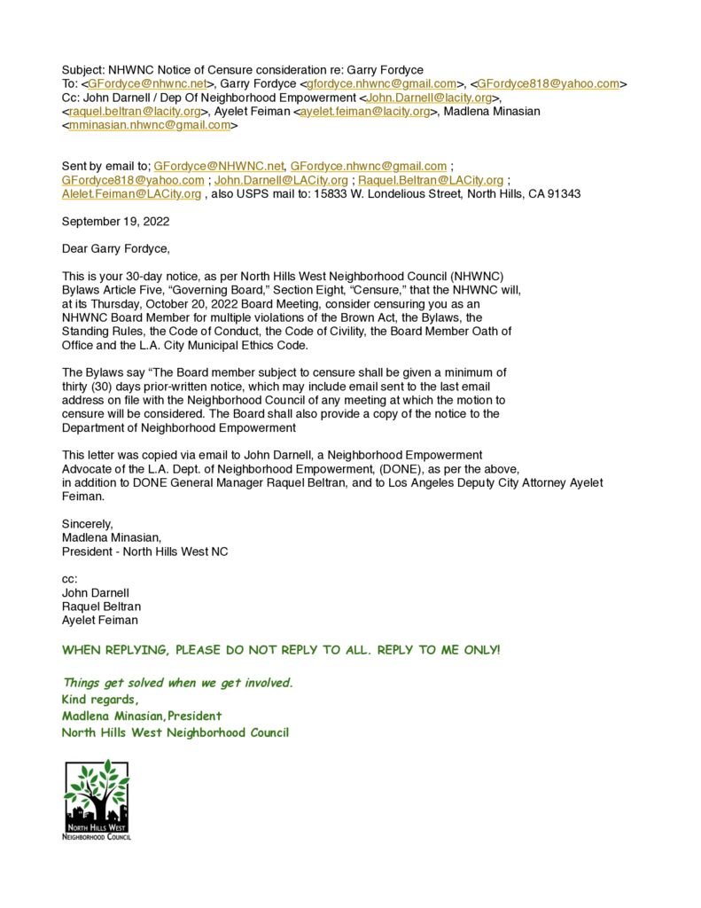 thumbnail of Subject: NHWNC Notice of Censure consideration re: Garry Fordyce
