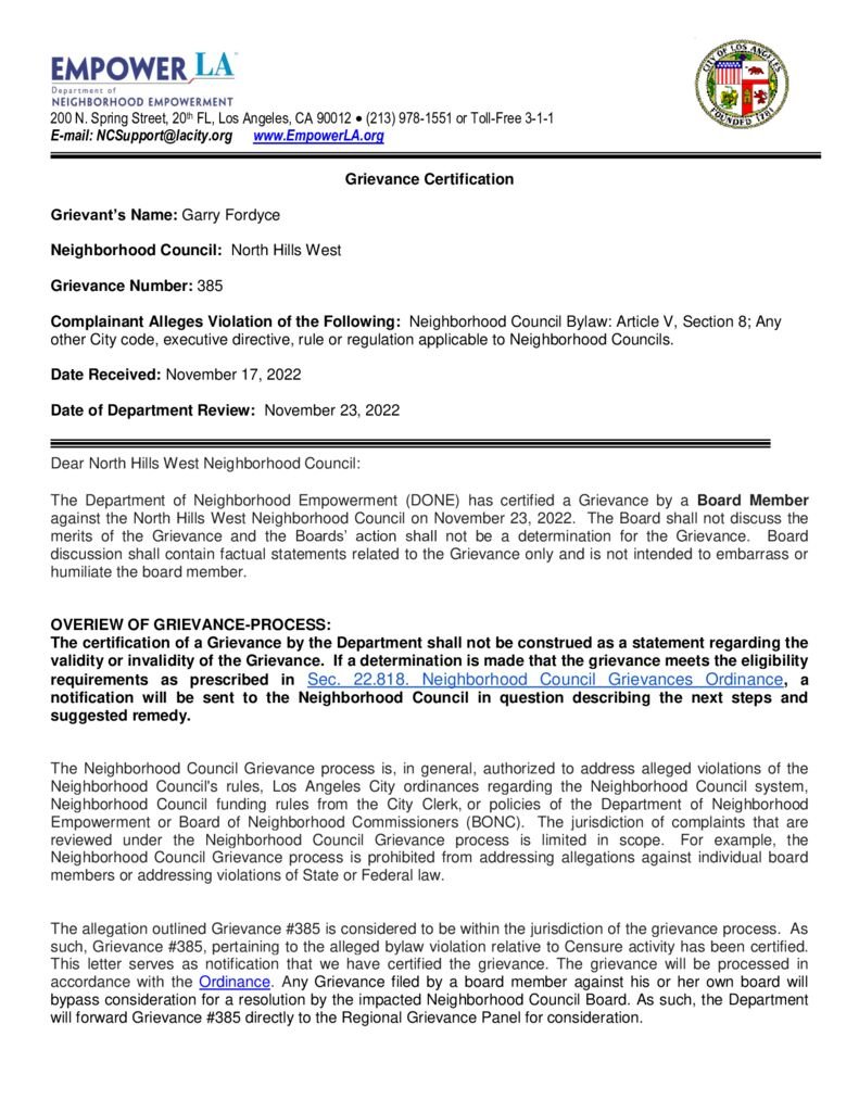 thumbnail of Grievance #385 Certification Letter to North Hills West NC
