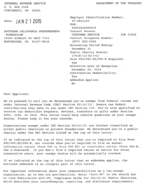 SCPF IRS letter