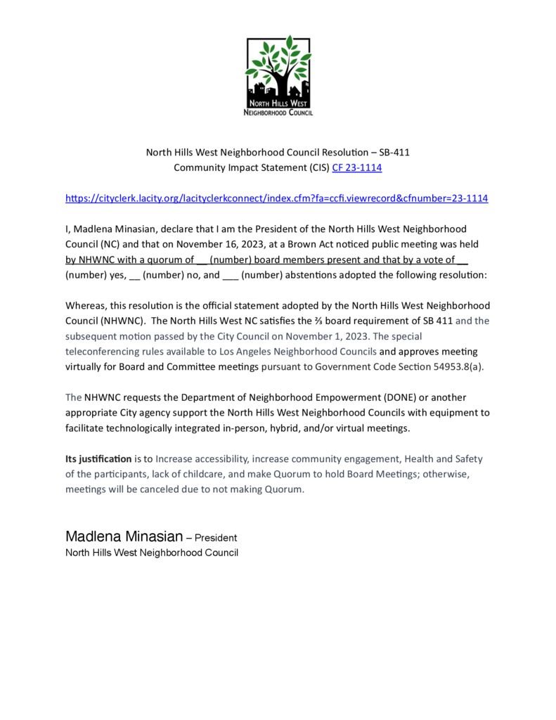 thumbnail of North Hills West Neighborhood Council to Meet Virtually Resolution – SB411